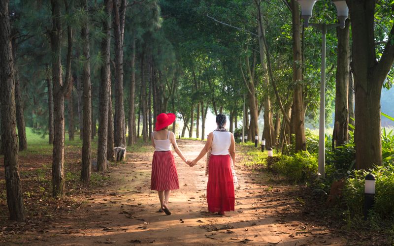 Two women walking hand in hand down a serene, tree-lined path in a park.