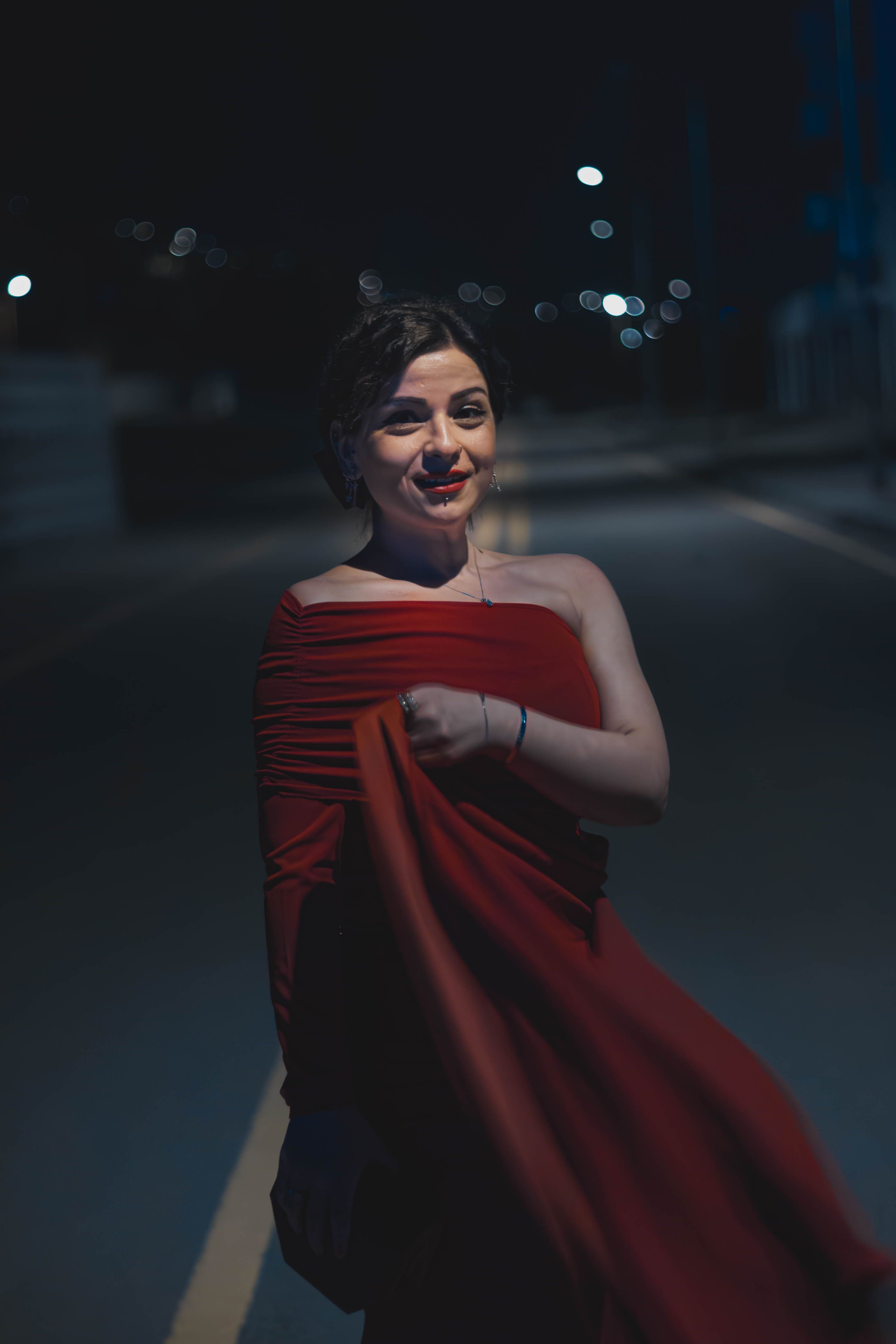 Woman in Red Dress on Street at Night · Free Stock Photo
