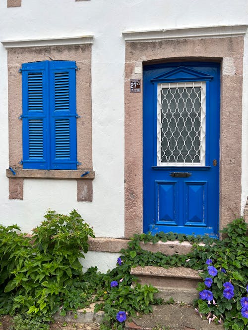 A blue door with shutters and flowers in front of it