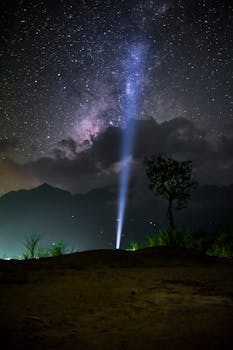夜空令人惊叹，银河系、恒星和奇异的光线穿透黑暗