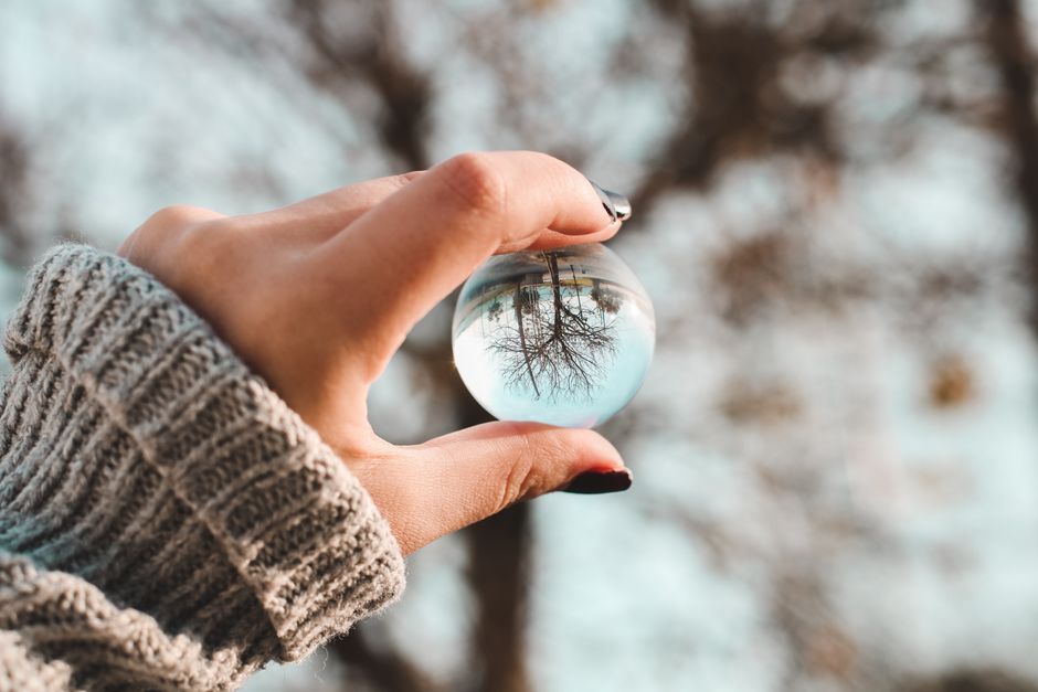 A hand holding a lensball reflecting a tree against a blurred background. Captured outdoors with a warm tone.