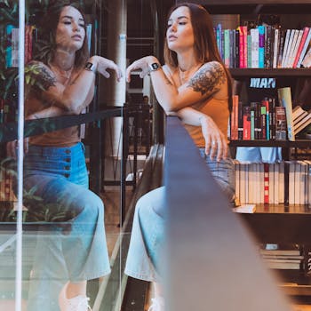 现代图书馆里，一位时尚女性倒映其中，四周环绕着书籍，纹身艺术清晰可见