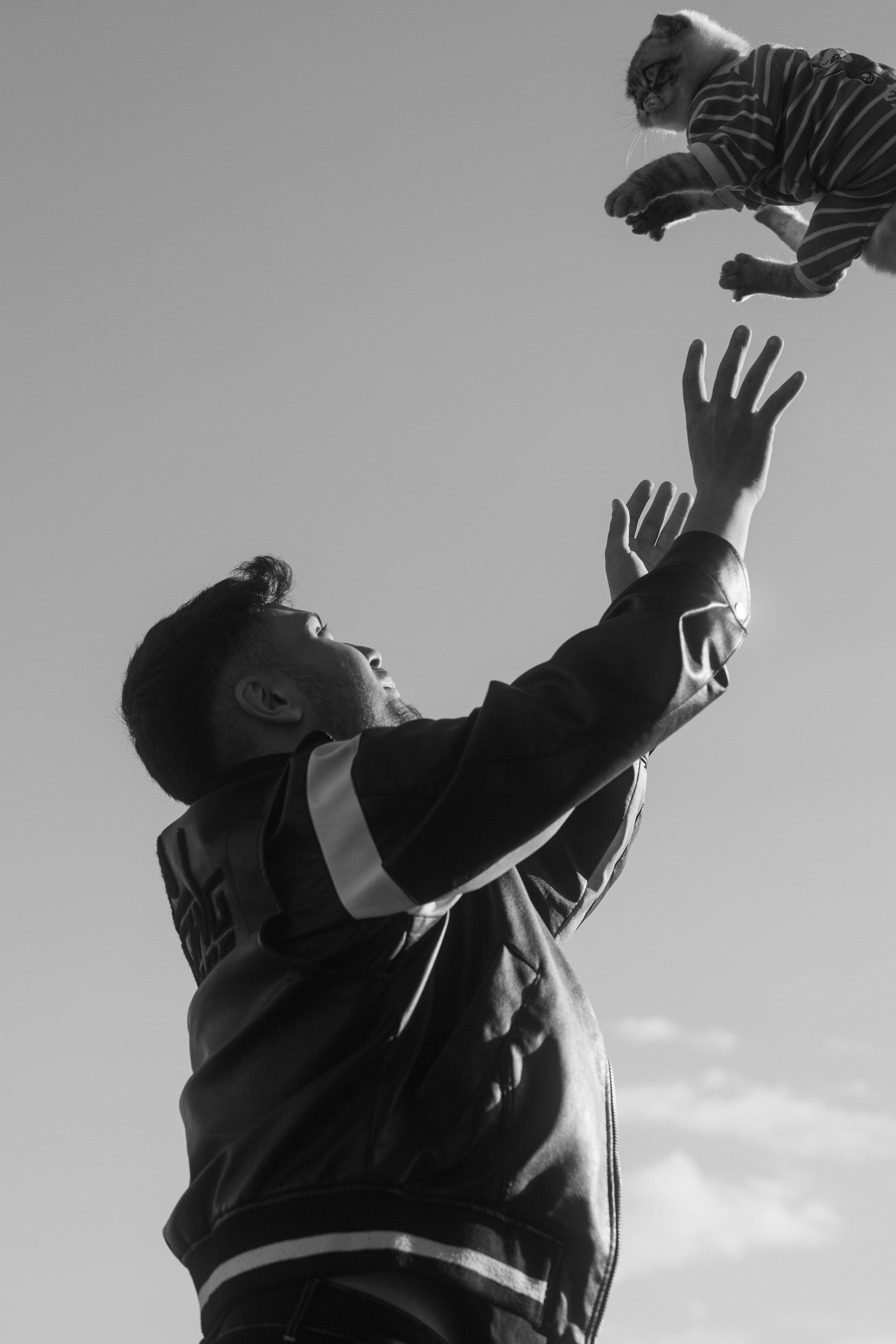 A playful moment of a man throwing a kitten in the air captured in black and white.