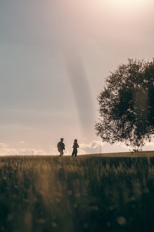 Two people walking in a field with a tree in the background