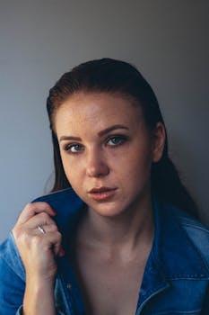 这是一张表情严肃、身穿蓝色牛仔夹克的女子特写肖像