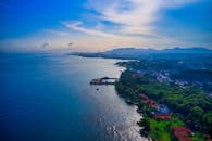 印度尼西亚万丹海岸线鸟瞰图：晴朗的天空下，郁郁葱葱的绿色植物与蔚蓝的海洋相映成趣