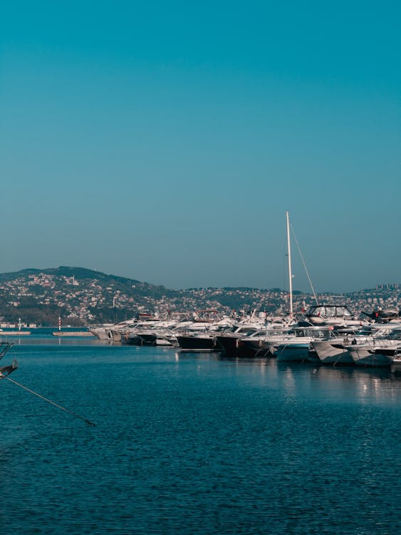 Free A boat docked in a harbor with mountains in the background Stock Photo