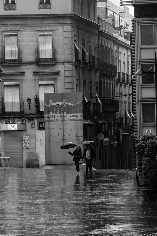 Free Black and white photo of people walking with umbrellas in a rainy Alicante alley. Stock Photo