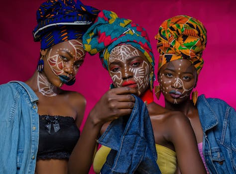 三位女性的肖像引人注目，她们戴着色彩缤纷的头巾和复杂的面部彩绘，展现了非洲时尚