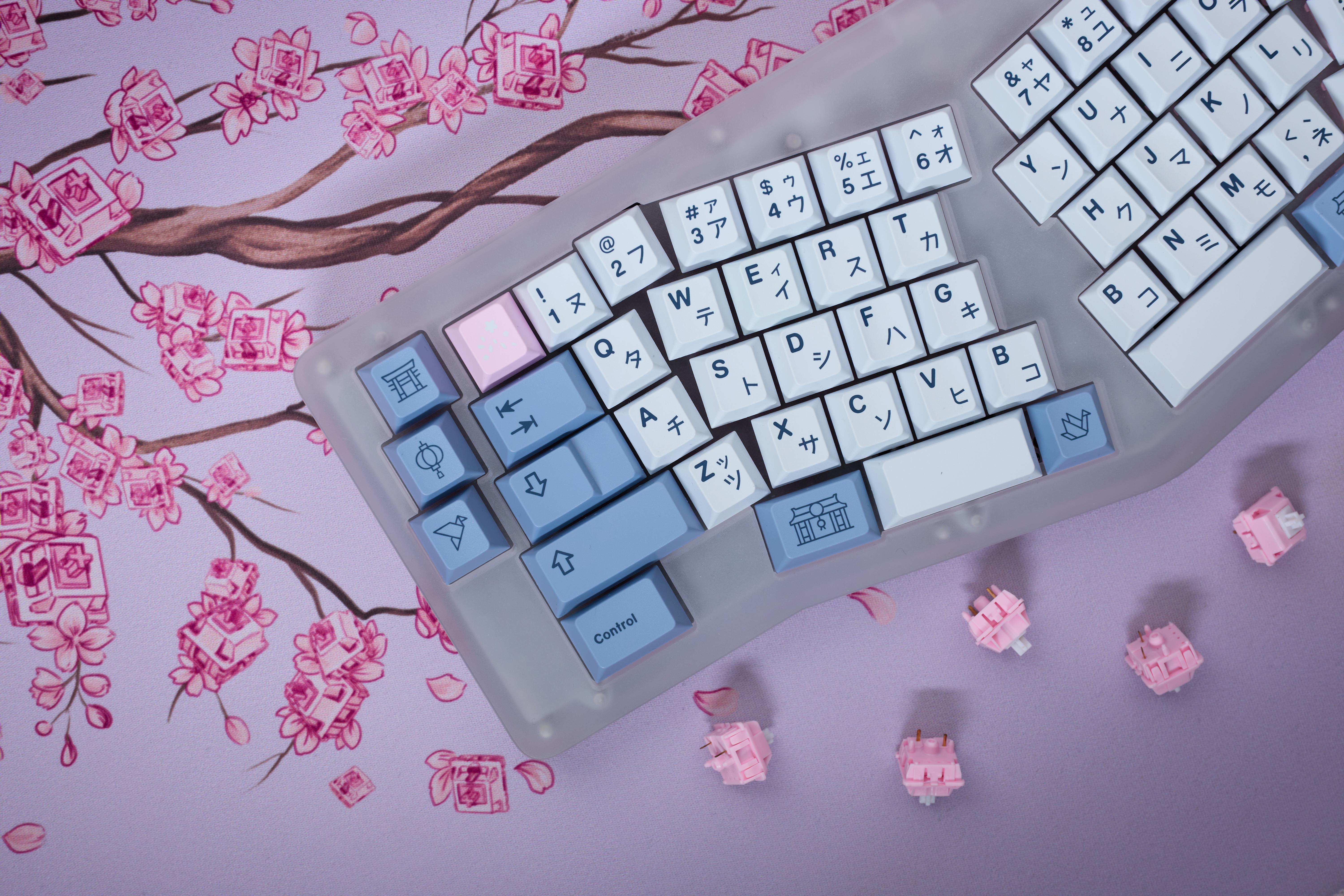 Aesthetic mechanical keyboard with Japanese keycaps on cherry blossom design mat, providing a modern tech twist.