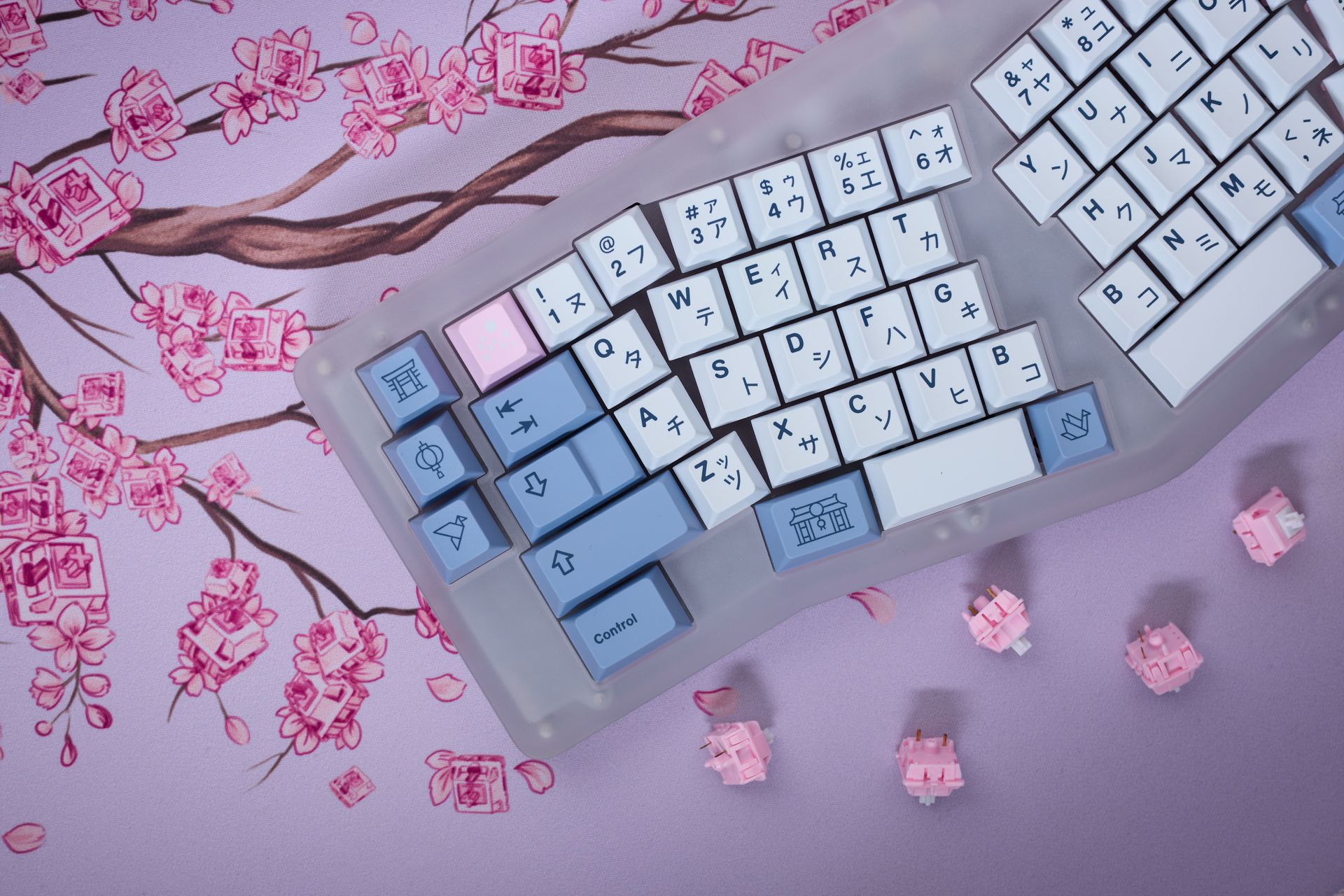 Aesthetic mechanical keyboard with Japanese keycaps on cherry blossom design mat, providing a modern tech twist.
