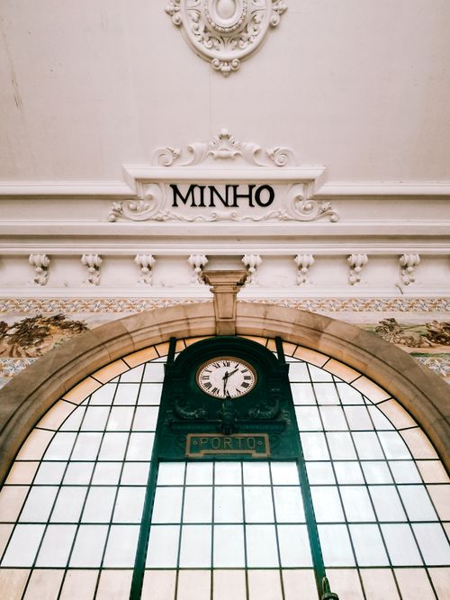 Free Intricate architectural details of the São Bento Railway Station arch in Porto, Portugal. Stock Photo