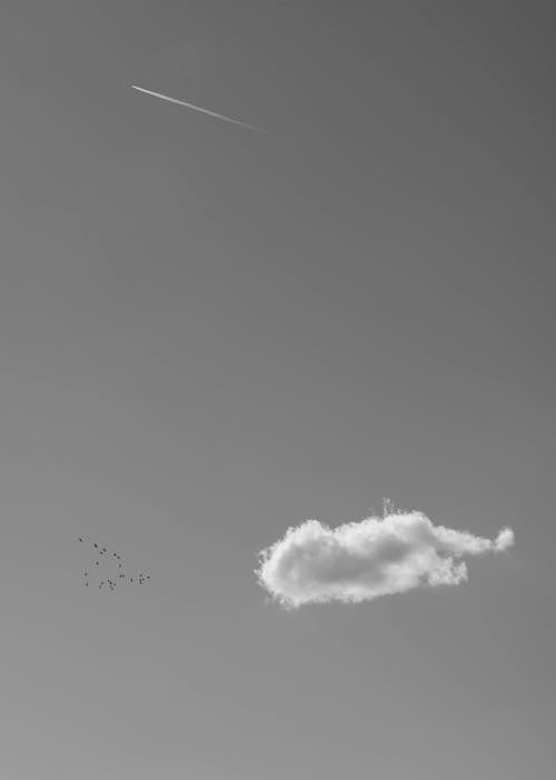 A black and white photo of a cloud and a plane