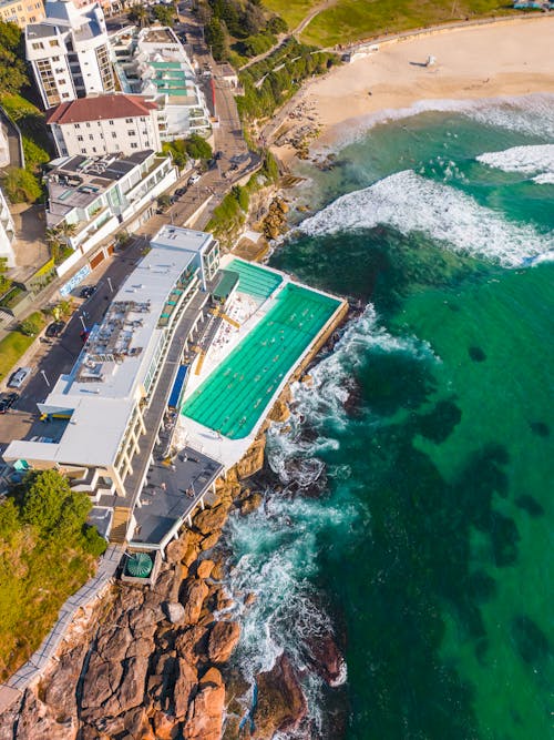 An aerial view of a pool and beach in sydney