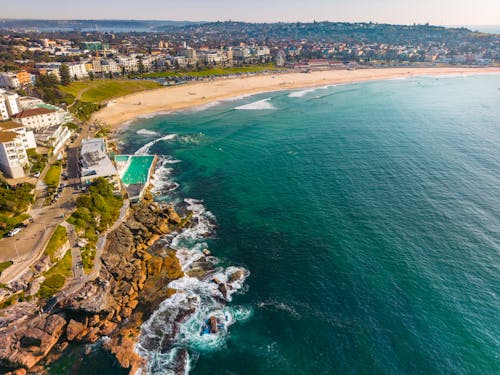 An aerial view of the beach and ocean in sydney