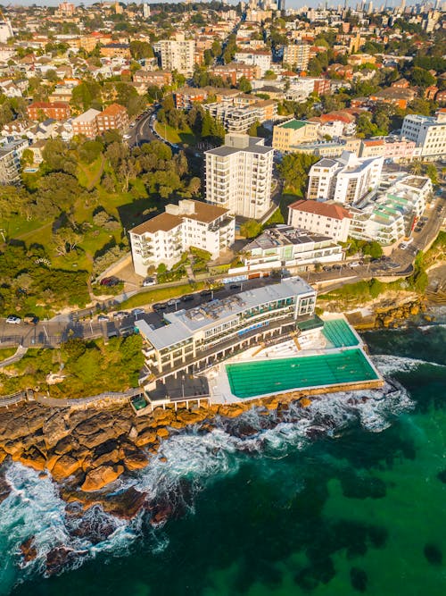 Aerial View of Seaside Resort with Pool