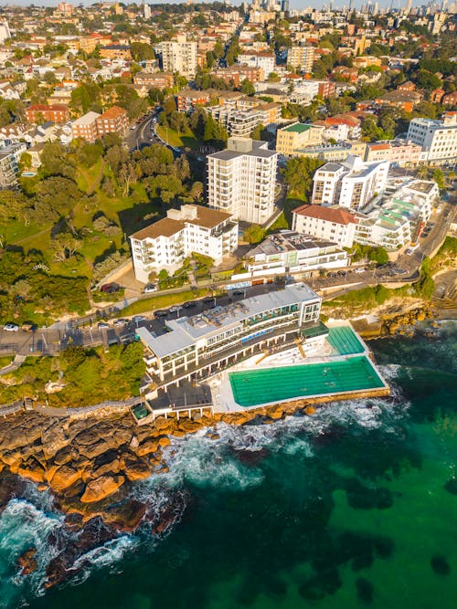 Aerial View of Seaside Resort on Rocky Coastline