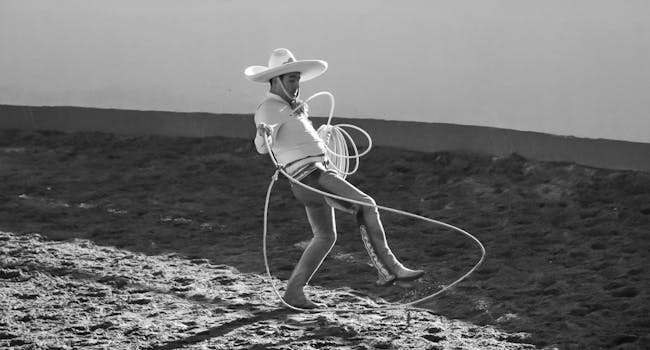 Dramatic black and white photo of a cowboy skillfully lassoing in an arena.