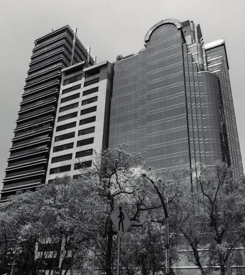 A black and white photo of a tall building