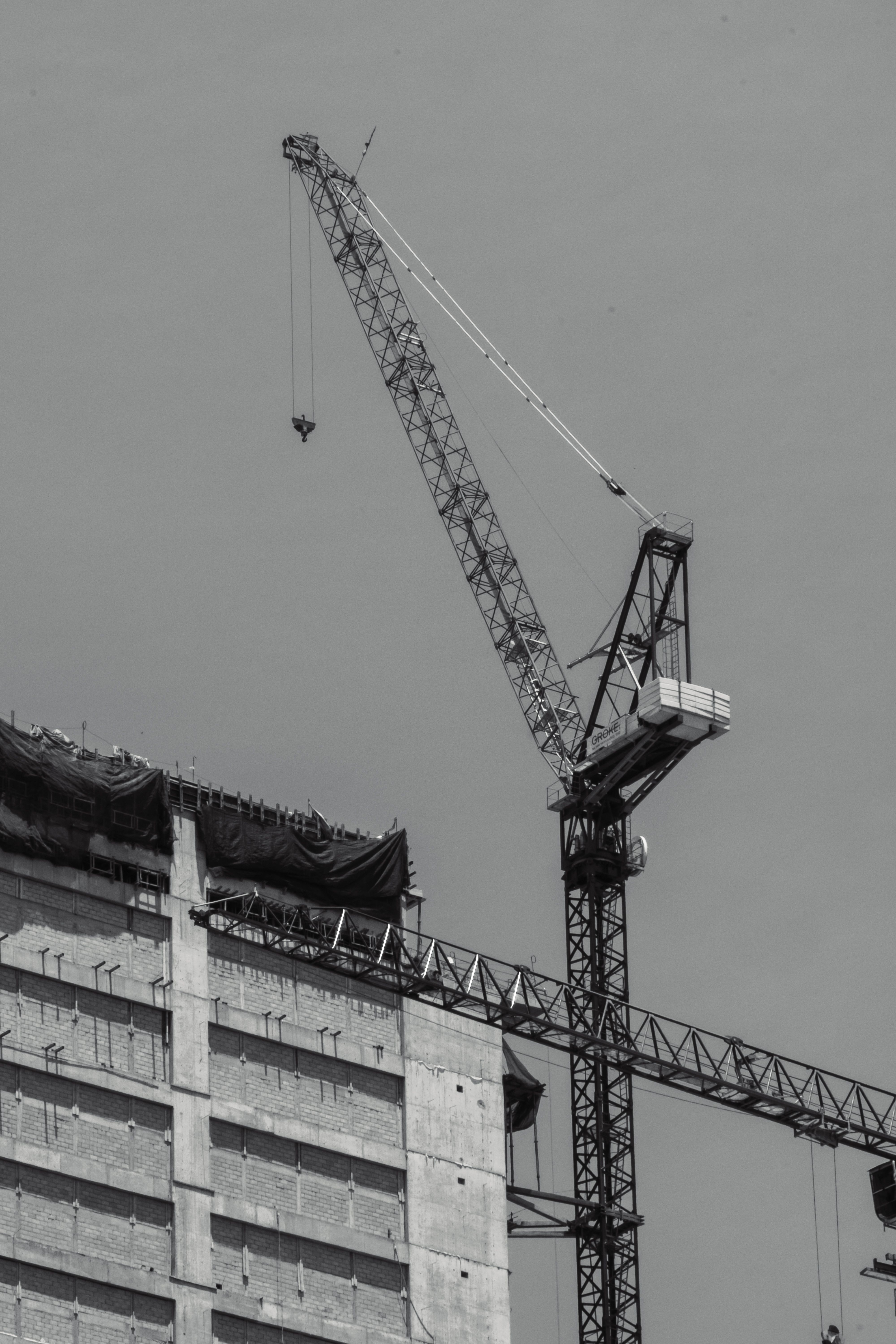 Construction Crane and Site in Black and White · Free Stock Photo
