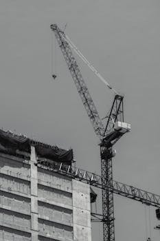Black and white image of a construction crane and building in Mexico City.