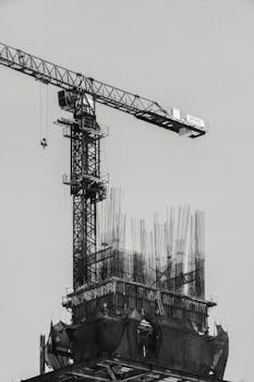 Monochrome photo of a tower crane at a construction site in Mexico City, CDMX.