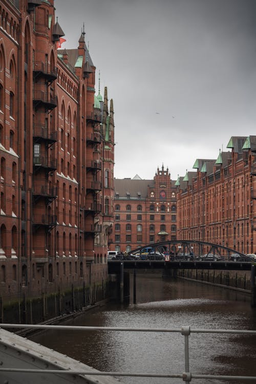 View of the Bridge and Buildings in Speicherstadt, Hamburg, Germany 