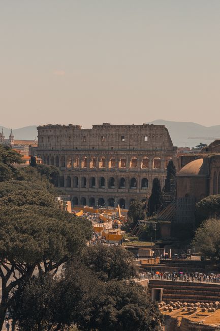 View of the Roman Colosseum surrounded by trees and tourists on a sunny summer day.