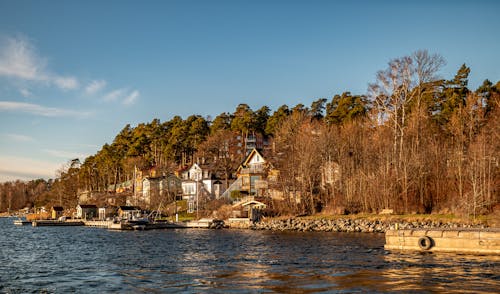 Free A body of water with houses on the shore Stock Photo