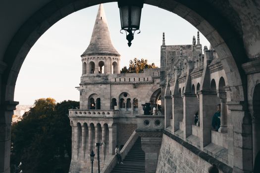 Stunning view of Fisherman's Bastion's arches and towers in Budapest, Hungary.
