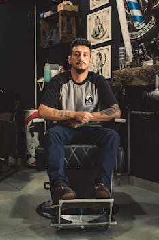 Man seated in a barber chair surrounded by retro decor inside a classic barbershop.