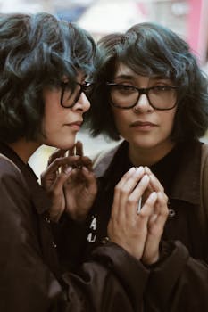 留着青色头发、戴着眼镜的时尚女人凝视着镜子，倒影中透出深思的神情