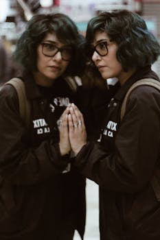 画中是一位戴着时尚眼镜、留着蓝绿色头发的女性