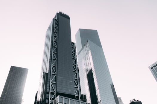 城市环境中，现代摩天大楼的单色影像引人注目，展现了当代建筑的风采