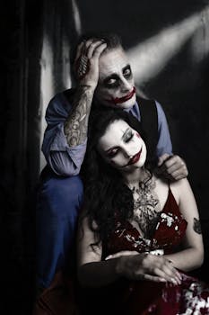 Artistic portrayal of a couple with Joker-inspired makeup, set in dramatic lighting.