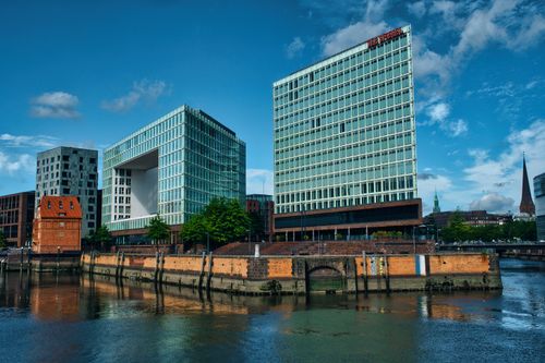 Free Stunning view of Spiegel Building by the waterfront in Hamburg, Germany. Stock Photo