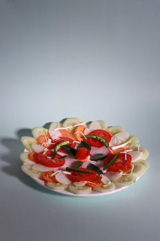 A vibrant plate of assorted fresh vegetables arranged beautifully.