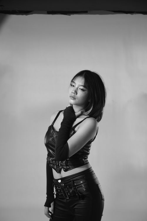 Free Elegant black and white portrait of a woman in leather fashion showing a modern style. Stock Photo