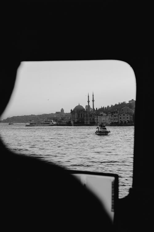Istanbul Coast behind Window in Black and White