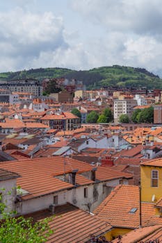 A scenic aerial shot of Bilbao's rooftops with hills in the background, showcasing urban architecture.