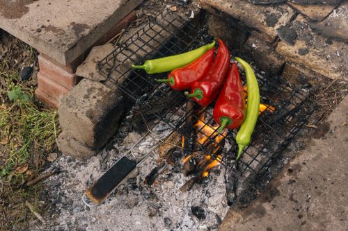 Free Fresh red and green peppers grilling over an open flame on a rustic barbecue setup. Stock Photo