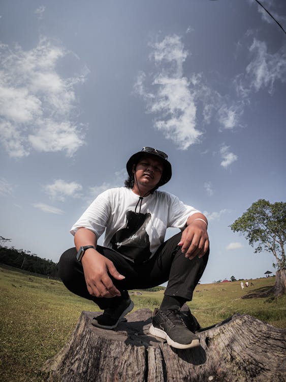 A man sitting on top of a tree stump