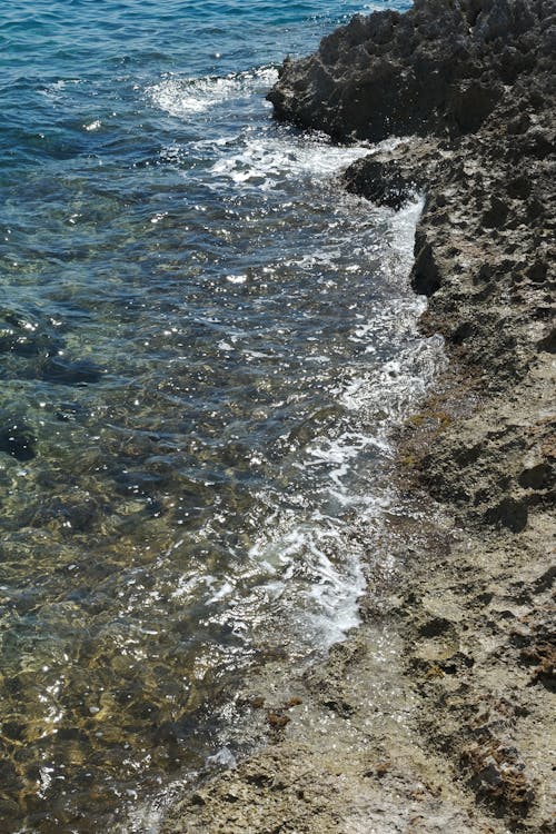 Shimmering Coastal Waters and Rocky Shore