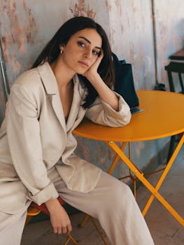 A fashionable woman in a beige suit posing at a trendy Istanbul café with a yellow table.