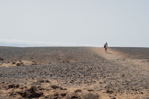 Free A solitary traveler walks across a rocky desert landscape under the summer sun. Stock Photo