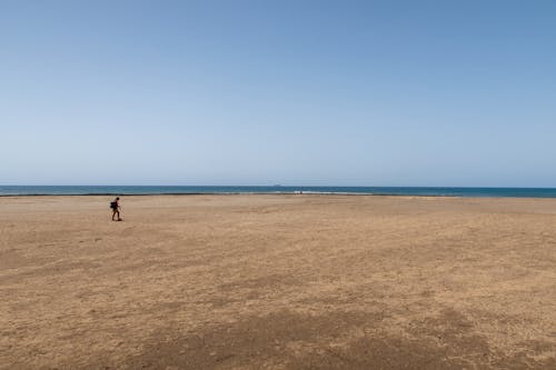 A person walking on a sandy beach with the ocean in the background