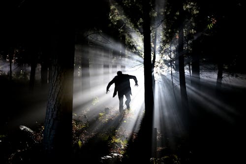 森を走る男のシルエット