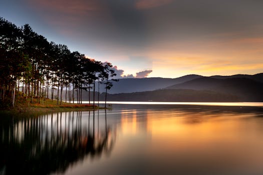 宁静的湖面上，倒映着树木、远山和令人惊叹的日落