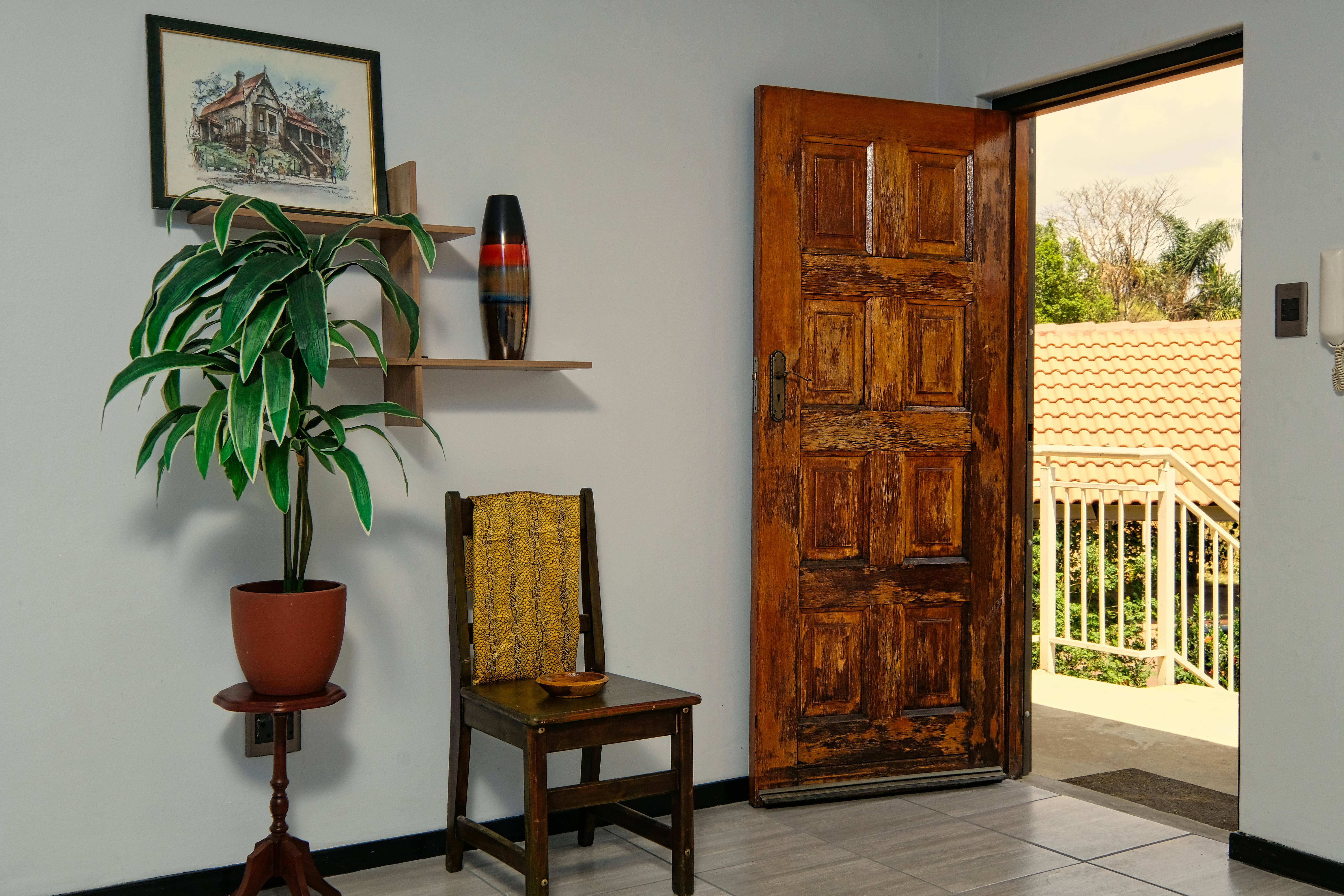 A charming room interior featuring a rustic wooden door, houseplant, and classic decor, revealing an outdoor view.