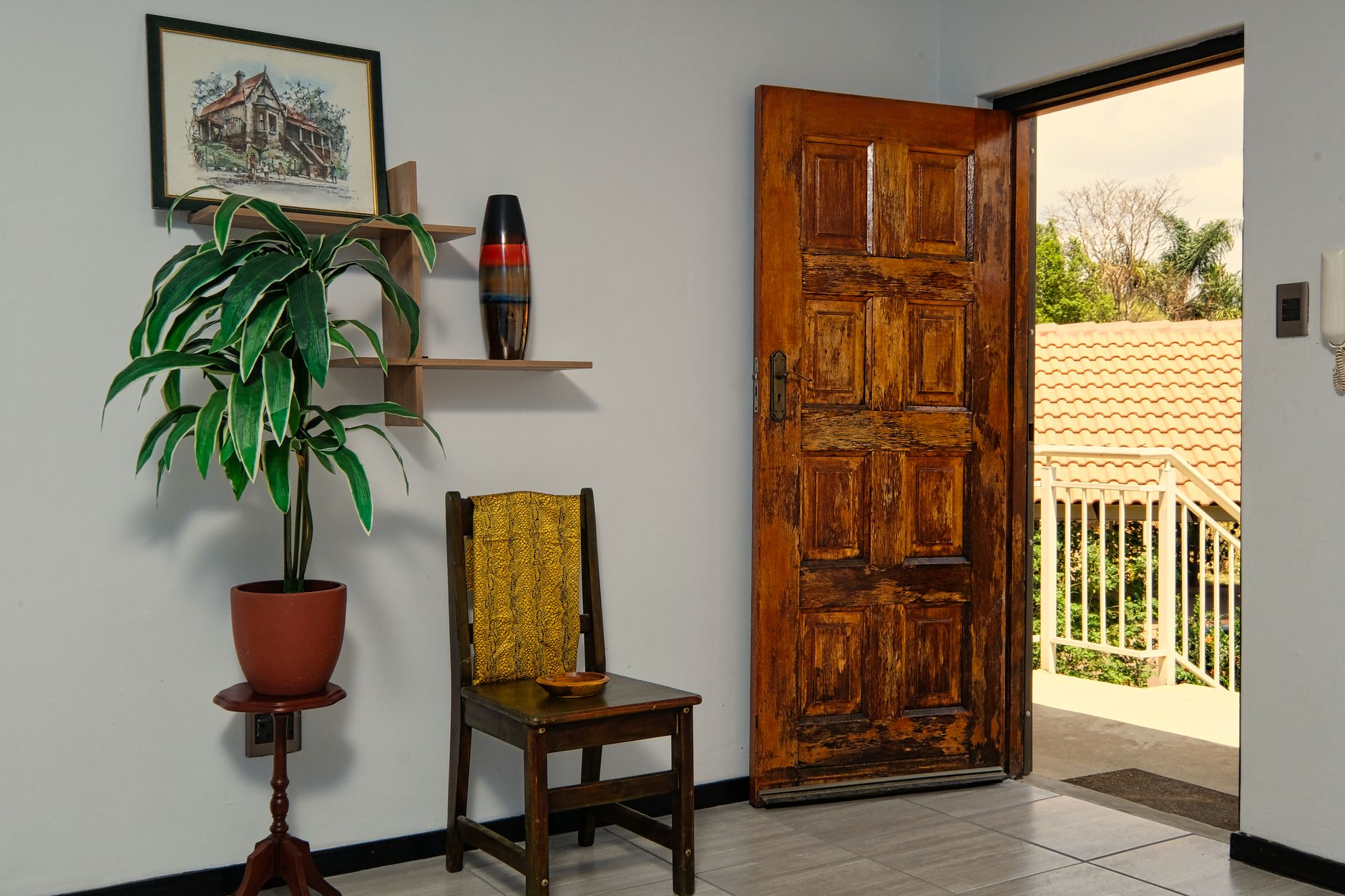 A charming room interior featuring a rustic wooden door, houseplant, and classic decor, revealing an outdoor view.
